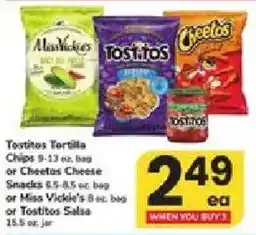 Tostitos Tortilla Chips or CheeTos Cheese Snacks or Miss Vickie's Salsa