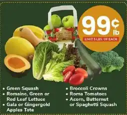 ACME Green Squash, Romaine, Green or Red Leaf Lettuce, Gala or Ginger Gold Apples Tote, Broccoli Crowns, Roma Tomatoes, Acorn, But offer