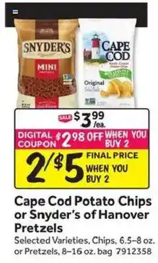 Stop&Shop Cape Cod Potato Chips or Snyder's of Hanover Pretzels offer