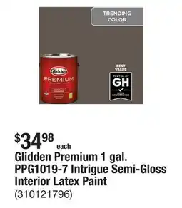 The Home Depot Glidden Premium 1 gal. PPG1019-7 Intrigue Semi-Gloss Interior Latex Paint offer