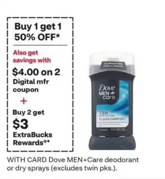 CVS Dove MEN+Care deodorant or dry sprays offer