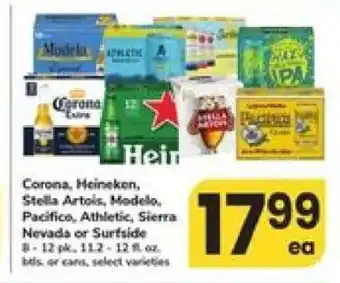 Corona, Heineken, Stella Artois, Modelo, Pacifico, Athletic, Sierra Nevada or Surfside