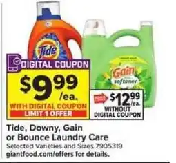Giant Food Tide, Downy, Gain or Bounce Laundry Care offer