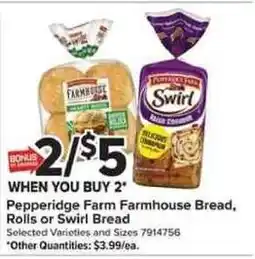 Giant Food Pepperidge Farm Farmhouse Bread, Rolls or Swirl Bread offer