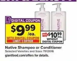 Giant Food Native Shampoo or Conditioner offer