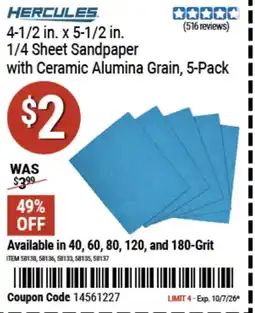 Harbor Freight Tools Hercules 1/4 Sheet Sandpaper with Ceramic Alumina Grain offer