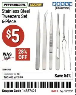 Harbor Freight Tools Pittsburgh stainless steel tweezers set offer