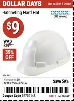 Harbor Freight Tools Ratcheting Hard hat offer