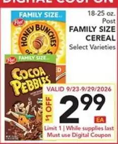 Pete's Fresh Market Post honey bunches family size cereal offer