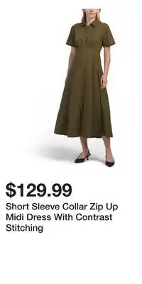TJ Maxx Short Sleeve Collar Zip Up Midi Dress With Contrast Stitching offer