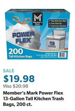 Sam's Club Member's Mark Power Flex 13-Gallon Tall Kitchen Trash Bags, 200 ct offer