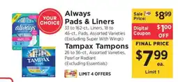 ShopRite Always Pads & Liners / Tampax Tampons offer