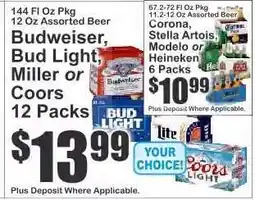 Key Food Budweiser, Bud Light, Miller or Coors 12 Packs offer