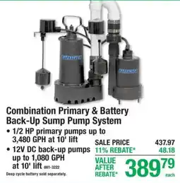 Menards Barracuda combination primary & battery back-up sump pump system offer
