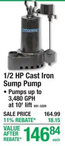 Menards Barracuda 1/2 Hp Cast Iron Sump Pump offer