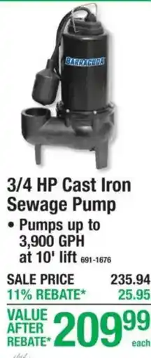 Menards Barracuda 3/4 Hp Cast Iron Sewage Pump offer