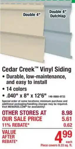 Menards Cedar Creek Vinyl Siding offer