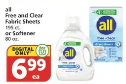 Albertsons all Free and Clear Fabric Sheets or Softener offer