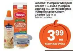 Safeway Lucerne Pumpkin Whipped Cream, Hood Pumpkin Eggnog, or Philadelphia Pumpkin Spice Cream Cheese Tub offer