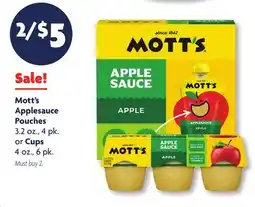Family Dollar Mott's Applesauce Pouches 3.2 oz., 4 pk. or Cups 4 oz., 6 pk offer