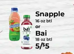 Sunset Foods Snapple 16 oz btl or Bai 18 oz btl offer
