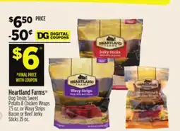 Dollar General Heartland Farms Dog Treats Sweet Potato & Chicken Wraps or Wavy Strips Bacon or Beef Jerky Sticks offer