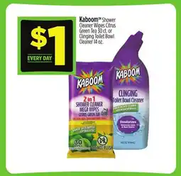 Dollar General Kaboom Shower Cleaner Wipes Citrus Green Tea 30 ct. or Clinging Toilet Bowl Cleaner 14 oz offer