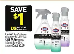Dollar General Clorox Pure Allergen Neutralizer Air Spray 8 oz. or Fabric & Carpet Spray 26 oz offer
