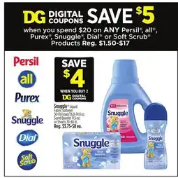 Dollar General Snuggle Liquid Fabric Softener 30-110 Load/26.8-74.8 oz. Scent Booster 11.5 oz. or Sheets 70-80 ct offer