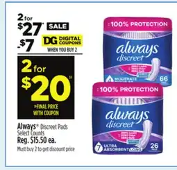 Dollar General Always Discreet Pads Select Counts offer