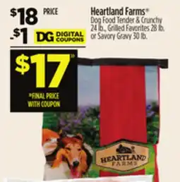 Dollar General Heartland Farms Dog Food Tender & Crunchy 24 lb., Grilled Favorites 28 lb. or Savory Gravy 30 lb offer