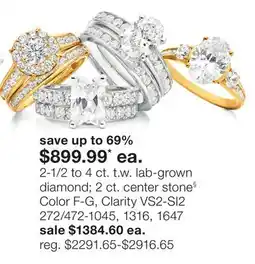 JC Penney 2-1/2 to 4 ct. t.w. lab-grown diamond 2 ct. center stone§ Color F-G, Clarity VS2-SI2 offer