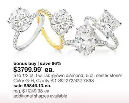 JC Penney 5 to 1/2 ct. t.w. lab-grown diamond 5 ct. center stone◊ Color G-H, Clarity SI1-SI2 offer