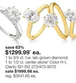 JC Penney 1 to 3/4 ct. t.w. lab-grown diamond 1 to 1/2 ct. center stone‡ Color H-I, Clarity SI1-SI2 offer