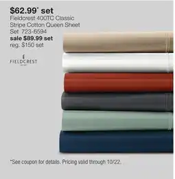 JC Penney Fieldcrest 400TC Classic Stripe Cottom Queen Sheet Set offer