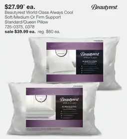 JC Penney Beautyrest World Class Always Cool Soft/Medium Or Firm Support Standard/Queen Pillow offer
