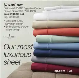 JC Penney Fieldcrest 500TC Egyptian Cotton Queen Sheet Set offer