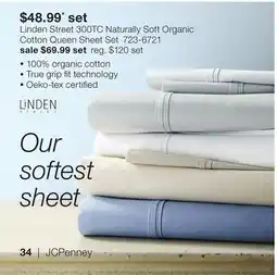 JC Penney Linden Street 300TC Naturally Soft Organic Cotton Queen Sheet Set offer