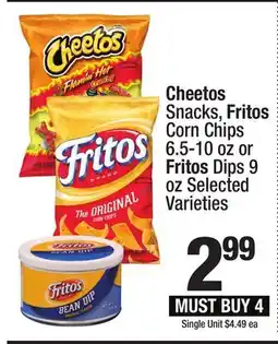 Super King Markets Cheetos Snacks, Fritos Corn Chips 6.5-10 oz or Fritos Dips 9 oz offer