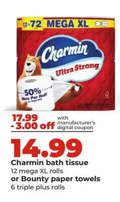 Hy-Vee Charmin bath tissue 12 mega XL rolls or Bounty paper towels 6 triple plus rolls offer