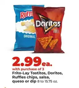 Hy-Vee Frito-Lay Tostitos, Doritos, Ruffles chips, salsa, queso or dip offer