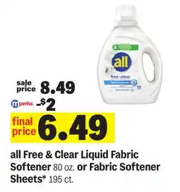 Meijer all Free & Clear Liquid Fabric Softener 80 oz. or Fabric Softener Sheets* 195 ct offer