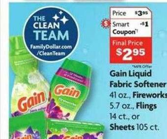 Family Dollar Gain Liquid Fabric Softener, Fireworks, Flings Or Sheets offer
