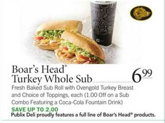 Publix Boar's Head Turkey Whole Sub offer