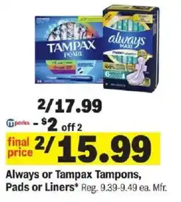 Meijer Always or Tampax Tampons, Pads or Liners offer