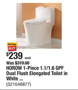 The Home Depot HOROW 1-Piece 1.1/1.6 GPF Dual Flush Elongated Toilet in White Seat Included offer