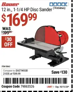 Harbor Freight Tools Bauer 12 in., 1-1/4 HP Disc Sander offer