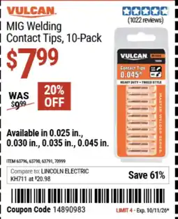 Harbor Freight Tools Vulcan mig welding contact tips offer