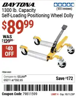 Harbor Freight Tools Daytona self-loading positioning wheel dolly offer