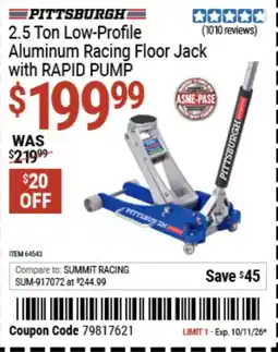 Harbor Freight Tools Pittsburgh 2.5 Ton Low-Profile Aluminum Racing Floor Jack with RAPID PUMP offer
